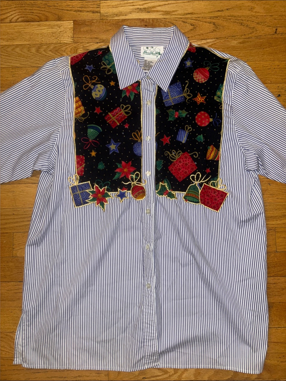 Quacker Factory Christmas Striped Long Sleeve Button Up Top Blouse - Large